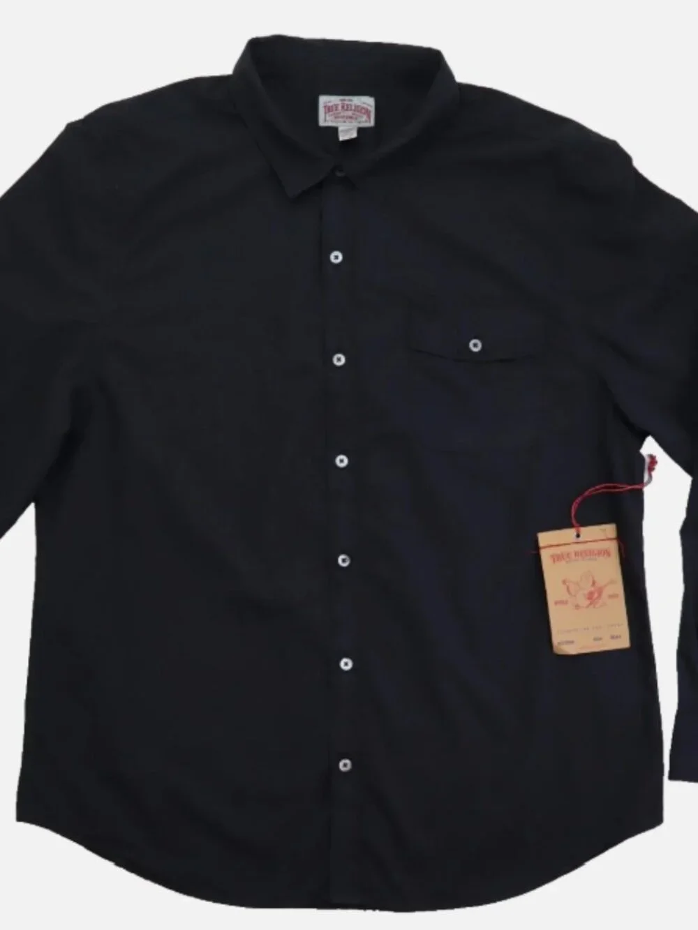 True Religion Solid Single Pocket Slim Long Sleeve Men's Shirt 3XL Cotton Black